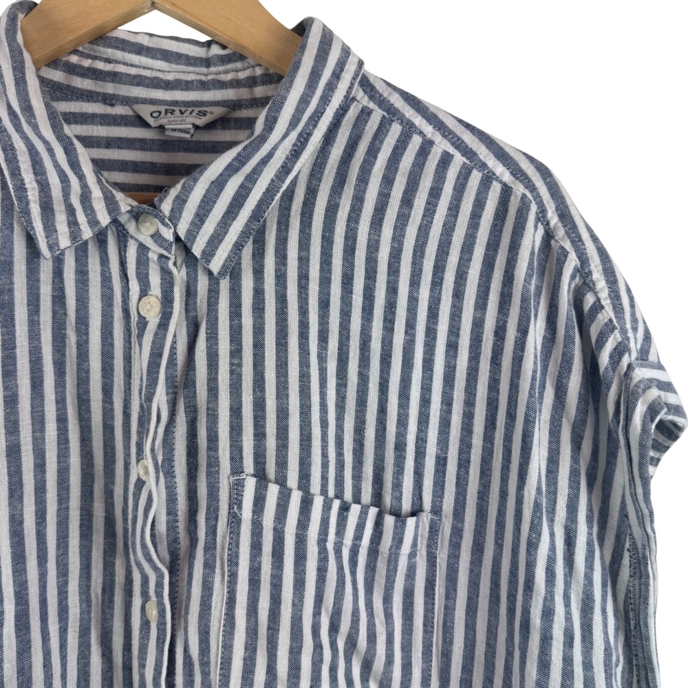 Orvis Striped Button Up Top Womens XL Blue White Linen Blend Short Sleeve Pocket